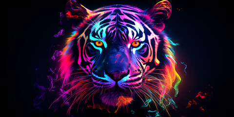 A tiger with blue eyes is on a colorful background,  Light neon style art portrait of a tiger, Purple Tiger, Neon South China Tiger Darkcore Minimalist Art With Dramatic Lighting, generative ai