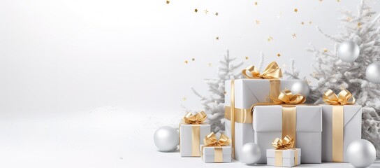 Festive White Gift Boxes with Golden Ribbons and Confetti on a White Background: A Perfect Design Element for Christmas, Birthdays, and Anniversaries