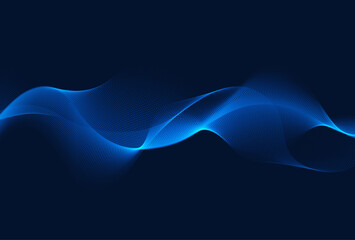 Abstract dark blue vector background with waving dynamic particles and dots. Glowing particle waves.