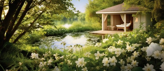 Fototapeta premium In the heart of summer, amidst the flourishing nature, a wooden spa embraced the serene beauty of the landscape, adorned with white flowers in full bloom, their fresh and delicate petals creating a