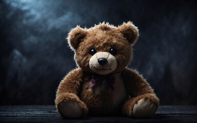 Ugly, scary teddy bear on dark room background