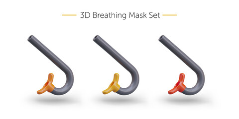 Snorkel. Set of isolated illustrations in different colors. Equipment for underwater swimming. Breathing under water. Sports equipment. Realistic vector image