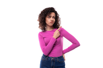 young pretty woman with curls hairstyle on white background