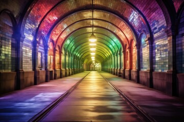 Fototapeta na wymiar subway station arches highlighted with colored lights