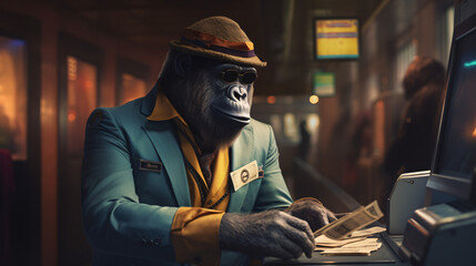 Gorilla dressed as a ticket checker - obrazy, fototapety, plakaty