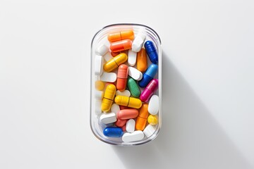 Plastic container with coloured pills on white background