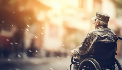 Old man on a wheelchair on a gurney in autumn park