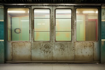 a closed subway door with windows