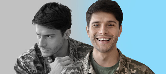 Bipolar Disorder Concept. Male Soldier Expressing Happy And Sad Mood - obrazy, fototapety, plakaty