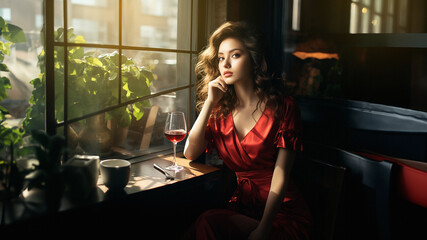 A girl in a red dress drinks a glass of wine in a restaurant