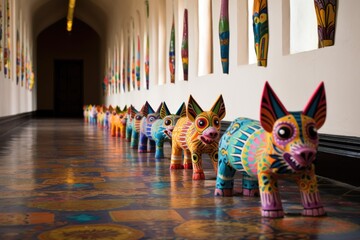 a line of alebrijes on a traditional mexican tiled floor