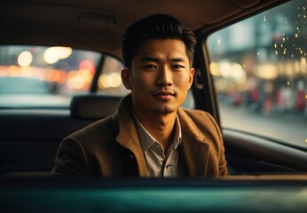 Men in the car looking out through the window, blurred street on the background - obrazy, fototapety, plakaty