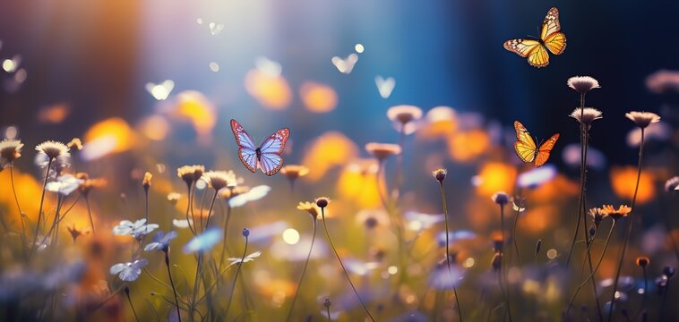Fototapeta butterfly and cosmos blossom flower field with bokeh and glow light, dream like fantasy in misty morning wildflower meadow, Generative Ai