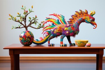 a vibrant alebrije dragon resting near a bonsai tree on a mahogany table