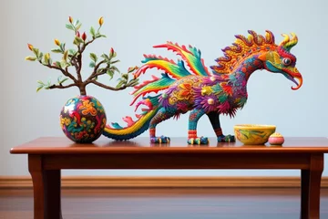 Foto op Plexiglas a vibrant alebrije dragon resting near a bonsai tree on a mahogany table © primopiano