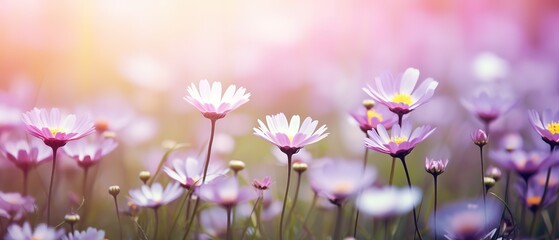 pink daisy blossom flower field with bokeh and glow light, dream like fantasy in misty morning...