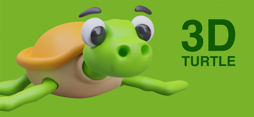 Placard with green background and place for text. Cute small turtle swimming. Terrarium animal for online computer game. Vector illustration in 3D style