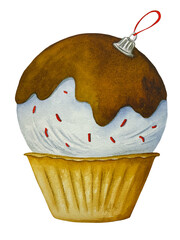 Festive ice cream on the theme of Christmas and New Year. Ice cream in form a fawn, drawn by hand. Watercolor and colored pencils. Ideal for cards, posters, packaging, prints, etc.