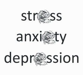 typography with stress, anxiety and depression text, black and white vector design