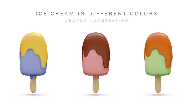 Set of realistic popsicles with icing, topping of different colors. Bright ice cream on wooden stick. Detailed image of cold dessert. Set of colored vector illustrations