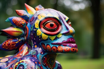 close-up of an intricately painted alebrije statue in a park