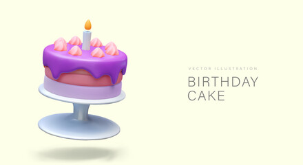 Bright cake with candle. Served birthday dessert. Festive sweet dish. Culinary masterpiece. Horizontal template with 3D modern illustration in cartoon style
