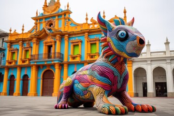 an alebrije statue in front of a historic mexican building - Powered by Adobe