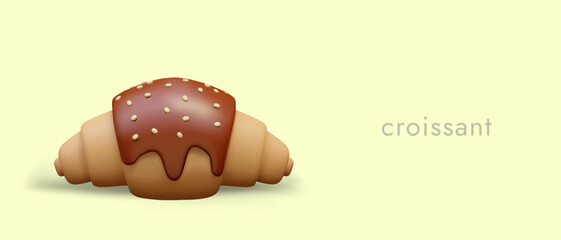 Vector 3D croissant with glaze and sesame seeds. Realistic sweet pastry, French dessert. Advertisement for takeaway food. Banner for street cafe, pastry shop. Header for culinary website, blog