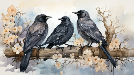 Watercolor Blackbird. Black crow sitting on a branch of an oak tree. generative ai