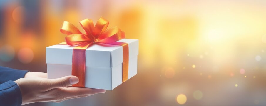 Cgristmas gift in human hand on bokeh background, sales panorama. Generative Ai