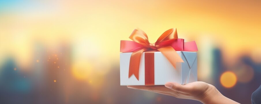 Cgristmas gift in human hand on bokeh background, sales panorama. Generative Ai