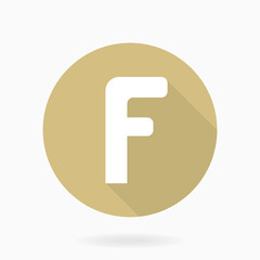 White letter F in the golden circle. Flat design and long shadow