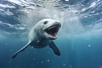 a leopard seal diving into the icy antarctic waters - obrazy, fototapety, plakaty