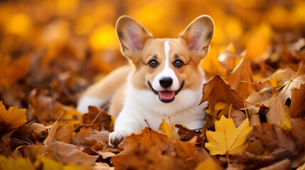 welsh corgi puppy in autumn leaves. Pembroke welsh corgi sits at autumn park in sunset generative ai