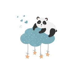 Illustration of Cute Sleeping Panda Baby on Clouds. Children Vector Illustration