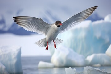 Fototapeta premium an antarctic tern mid-flight against a backdrop of icebergs