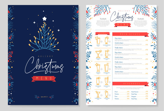 Restaurant Christmas holiday menu design with christmas floral desoration. Vector illustration