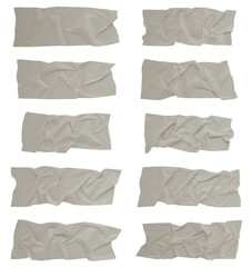 White scotch tape on white background, crumpled sticky tape, different sizes.