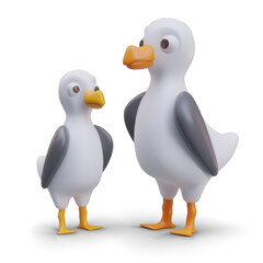 Composition with big and small realistic bird with black wings and yellow beak. Family seagull birds on white background. Vector illustration in 3d style