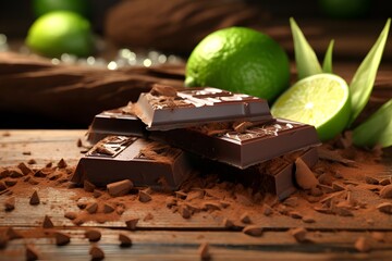 Pieces of tasty chocolate with lime on wooden table, closeup