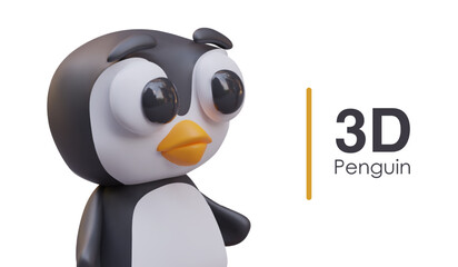 Poster with realistic penguin looking at text on right. Cute bird in black and white colors. Little penguin cartoon character. Vector illustration in 3D style