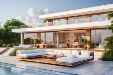 a modern villa with floor-to-ceiling windows and an expansive outdoor deck. generative AI