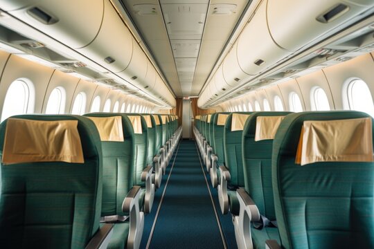 a row of airplane seats with overhead compartments open