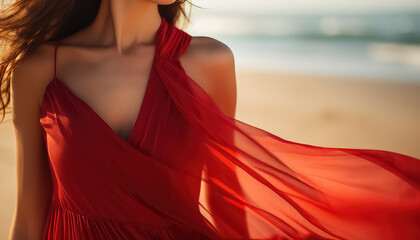 Woman in red dress on the beach, March 8 World Women's Day