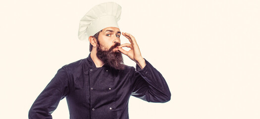 Bearded chef, cooks or baker. Chef, cook making tasty delicious gesture by kissing fingers. Cook hat