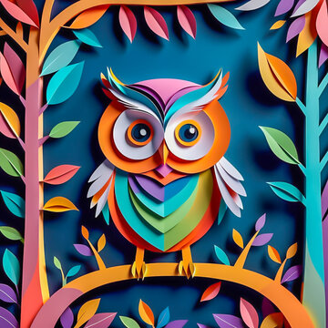 Paper art owl illustration on the abstract background.