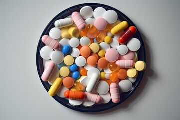 Plastic container with coloured pills on white background