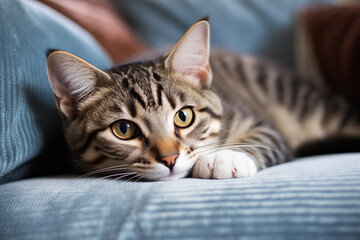 Sweet domestic stripped cat lounging comfortably on cushioned sofa furniture in day sunlight. Cute animal concept