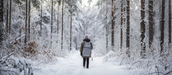 The woman, dressed in a black and white jacket, walked through the winter forest, carrying toys and gas equipment, symbolizing her commitment to both nature and the law in ensuring safety and security - obrazy, fototapety, plakaty