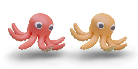 Collection with realistic octopus in red and beige colors on white background with shadow. Concept of underwater world, and colorful sea characters. Vector illustration in 3d style